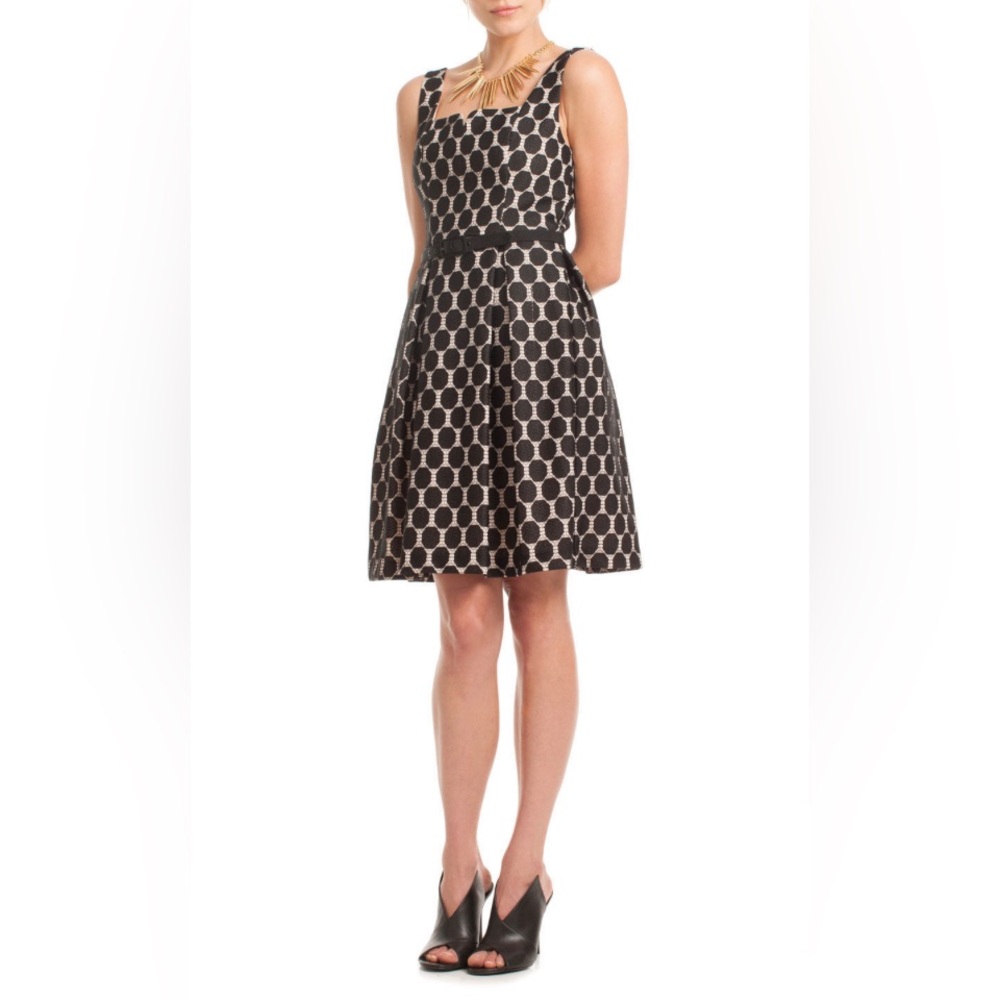 Trina Turk sleeveless a-line black circle overlay fit-n-flare dress